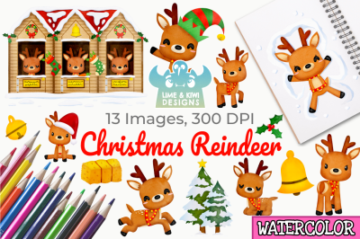 Christmas Reindeer Watercolor Clipart, Instant Download