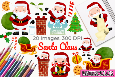 Santa Claus Watercolor Clipart, Instant Download Vector Art