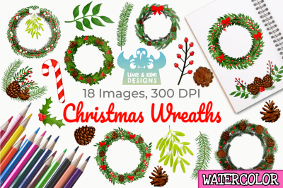 Christmas Wreaths Watercolor Clipart, Instant Download