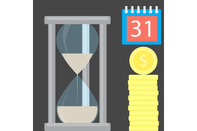 Money is time. Hourglass and golden coin stock