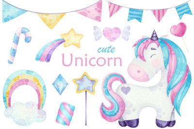 watercolor cute Unicorn clipart illustrations with magical elements