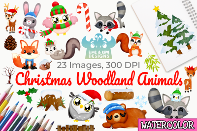 Christmas Woodland Animals Watercolor Clipart