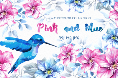 Pink and blue. Watercolor collection