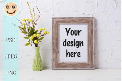 Rustic wooden frame mockup with green vase