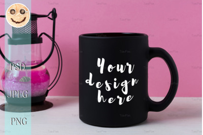 Coffee mug mockup with black metal candle lantern