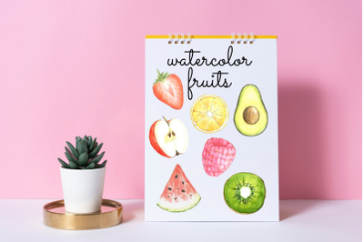 Watercolor fruit clipart, Lemons, Apples, Watermelon, Kiwi graphics