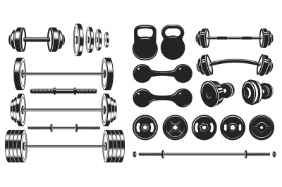 Gym equipment silhouette. Fitness sport&2C; heavy weight barbell and vint