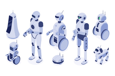 Isometric robots. Digital robotic machines, futuristic android develop