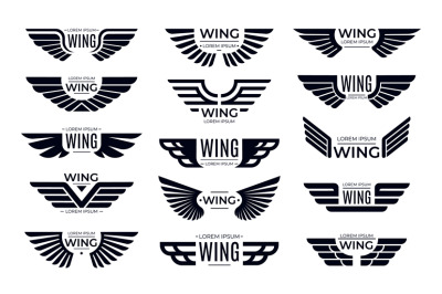 Wings badges. Flying emblem, eagle bird wing and winged frame vector s