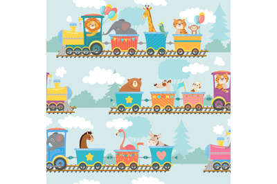 Seamless animals on train pattern. Happy animal in railroad car&2C; train