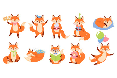 Cartoon fox mascot. Funny animal character, cute red foxes with black