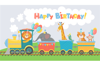 Animals on train greeting card. Happy birthday cute animal in railroad