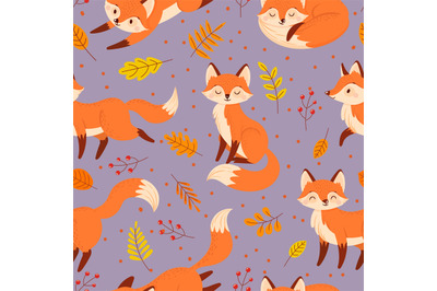 Seamless foxes pattern. Autumn fox, cute orange animal cartoon vector