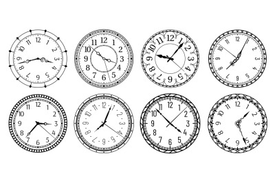 Vintage round clock face. Antique clocks with arabic numerals, retro w