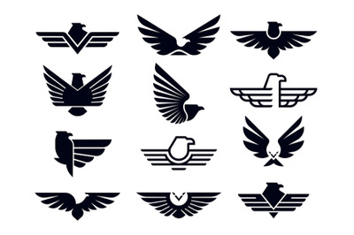 Eagle symbol. Silhouette flying eagles emblem&2C; winged badge and freedo