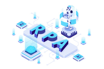 Isometric RPA. Robotic process automation, futuristic artificial intel