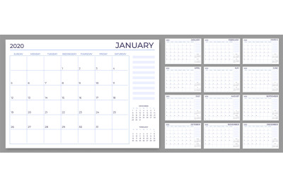 Monthly planner template. Year calendar notes grid, 2020 planners shee