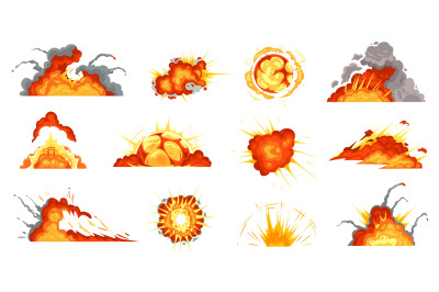 Cartoon explosions. Exploding bomb&2C; fire cloud and explosion burst vec