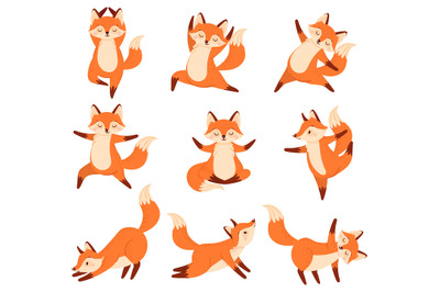 Cartoon fox in yoga poses. Healthy gymnastics, breathing exercises and