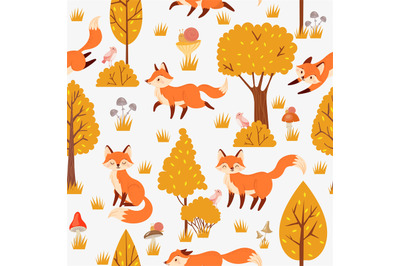 Seamless forest foxes pattern. Cute red fox among yellow trees, wild a