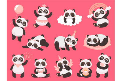 Cartoon cute panda. Little baby pandas, adorable sleeping animals and