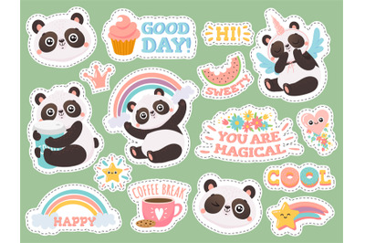 Cute panda stickers. Happy pandas patches&2C; cool animals and winked pan