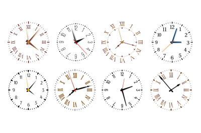 Modern clock faces. Minimalist watch, round clocks and watch face isol