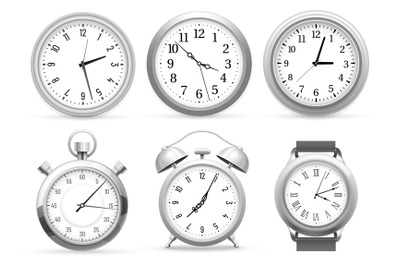 Realistic clocks. Wall round clock, alarm and wristwatches. Stopwatch