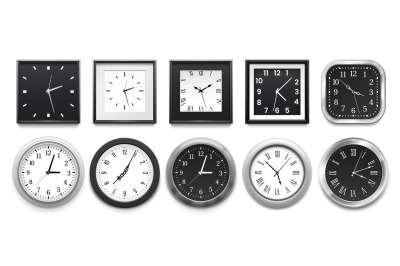 Realistic clock. Modern white round wall clocks&2C; black watch face and