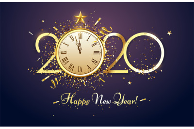 Happy 2020 New Year. Party countdown clock with golden sparks confetti