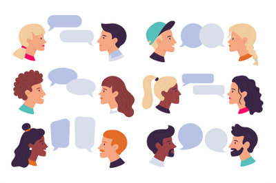 Speaking people. Couple conversation, dialogue bubbles and chat avatar