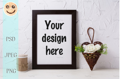 Black brown poster frame mockup with roses in wicker flower pot