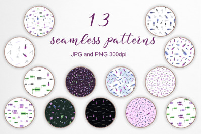 Set of 13 seamless patterns with nail polish and tools