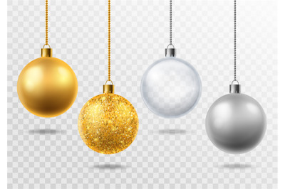 Realistic christmas tree toys. Golden with glitter&2C; silver and transpa