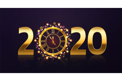 New year clock background. Golden 2020 numbers and clock showing five