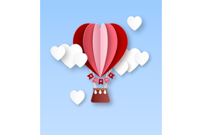 Heart air balloon. Paper cut hot air balloon with white clouds in hear