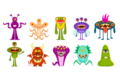 Monsters. Cute goblins and gremlins, scary aliens. Halloween funny tro