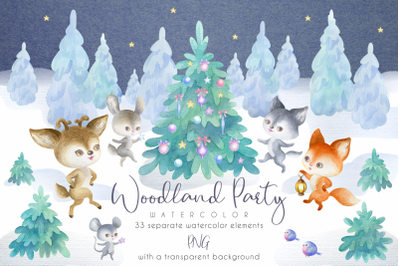 Woodland party. Watercolor Christmas set