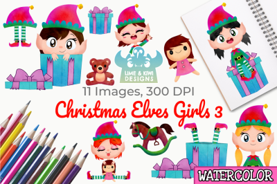 Christmas Elves Girls 3 Watercolor Clipart, Instant Download