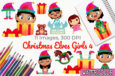 Christmas Elves Girls 4 Watercolor Clipart, Instant Download