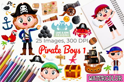 Pirate Boys 1 Watercolor Clipart, Instant Download