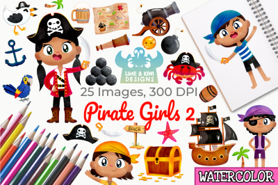 Pirate Girls 2 Watercolor Clipart, Instant Download