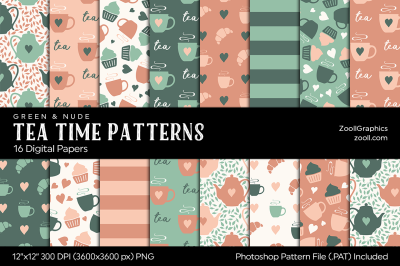 Tea Time Digital Papers Green &amp; Nude