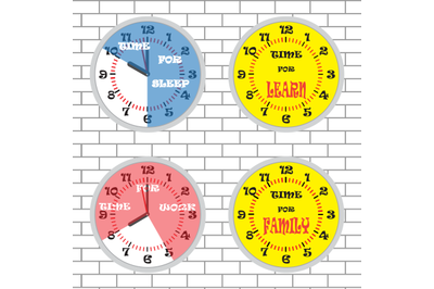 Clock time concept set brick wall