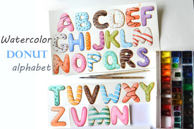 Watercolor donut alphabet.