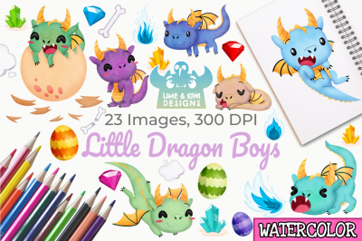 Little Dragon Boys Watercolor Clipart&2C; Instant Download