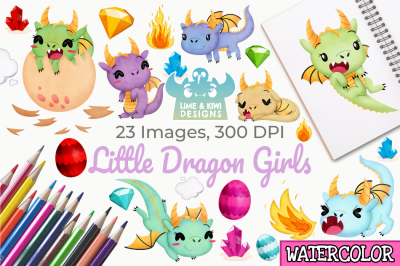 Little Dragon Girls Watercolor Clipart&2C; Instant Download