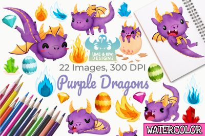 Purple Dragons Watercolor Clipart&2C; Instant Download