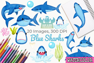 Blue Sharks Watercolor Clipart, Instant Download Vector Art