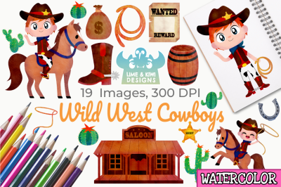 Wild West Cowboys Watercolor Clipart, Instant Download